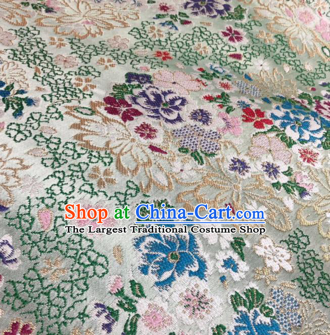 Japanese Classical Floral Flowers Pattern Design Light Green Brocade Fabric Asian Traditional Satin Silk Material