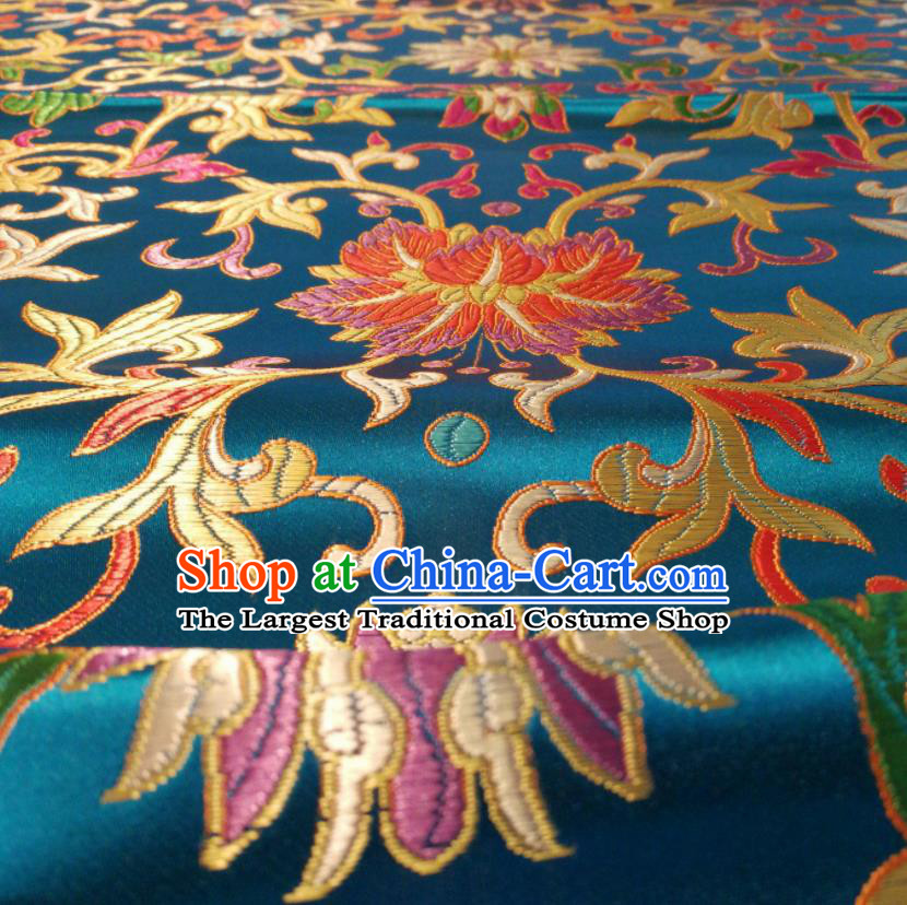 Chinese Royal Twine Floral Pattern Design Lake Blue Brocade Fabric Asian Traditional Satin Silk Material