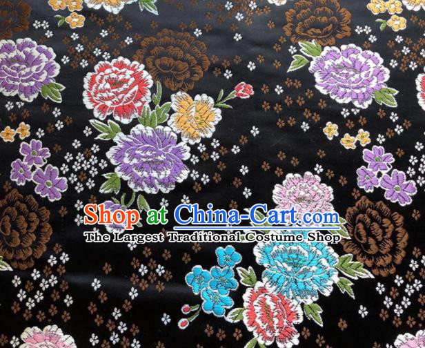 Chinese Classical Embroidered Peony Pattern Design Black Brocade Fabric Asian Traditional Satin Silk Material