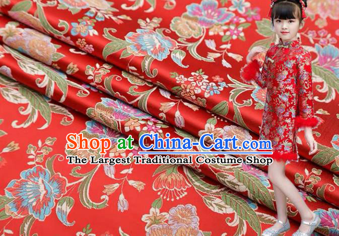 Chinese Classical Flourish Flowers Pattern Design Red Brocade Fabric Asian Traditional Satin Silk Material