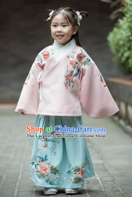 Chinese Traditional Girls Embroidered Peony Costume Ancient Ming Dynasty Princess Hanfu Dress for Kids