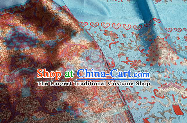 Chinese Royal Lotus Pattern Design Light Blue Brocade Fabric Asian Traditional Horse Face Skirt Satin Silk Material