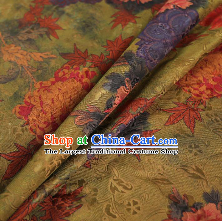 Chinese Classical Peony Maple Leaf Pattern Design Olive Green Gambiered Guangdong Gauze Fabric Asian Traditional Cheongsam Silk Material