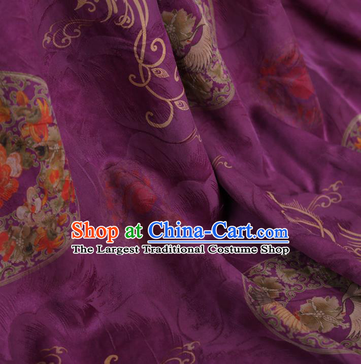 Chinese Classical Crane Peony Pattern Design Purple Gambiered Guangdong Gauze Fabric Asian Traditional Cheongsam Silk Material