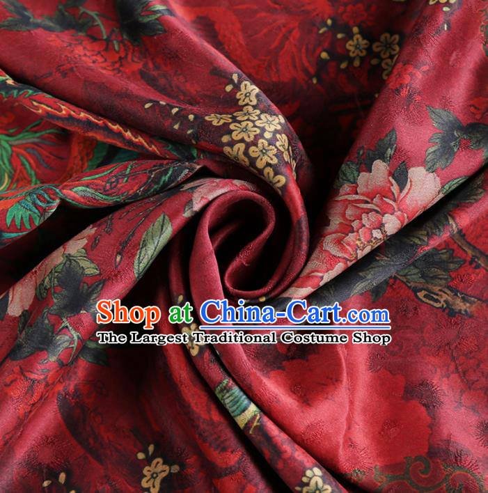 Chinese Classical Peony Plum Pattern Design Purplish Red Gambiered Guangdong Gauze Fabric Asian Traditional Cheongsam Silk Material