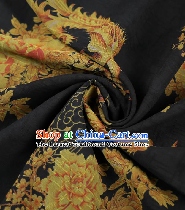 Chinese Classical Phoenix Peony Pattern Design Black Gambiered Guangdong Gauze Fabric Asian Traditional Cheongsam Silk Material