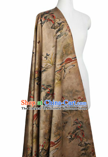 Chinese Classical Orchid Plum Crane Pattern Design Khaki Gambiered Guangdong Gauze Fabric Asian Traditional Cheongsam Silk Material