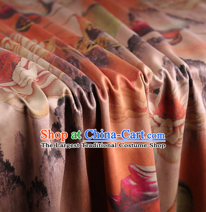 Chinese Classical Printing Lotus Pattern Design Orange Gambiered Guangdong Gauze Fabric Asian Traditional Cheongsam Silk Material