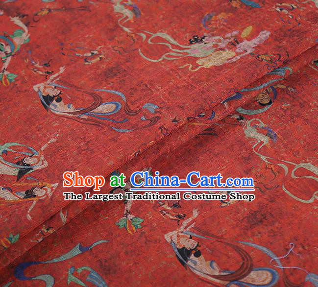 Chinese Classical Printing Flying God Pattern Design Red Gambiered Guangdong Gauze Fabric Asian Traditional Cheongsam Silk Material