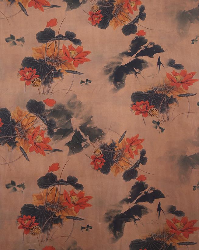 Chinese Classical Printing Lotus Pattern Design Brown Gambiered Guangdong Gauze Fabric Asian Traditional Cheongsam Silk Material