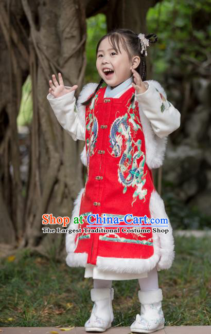 Chinese Traditional Girls Embroidered Red Vest Ancient Ming Dynasty Princess Costume for Kids