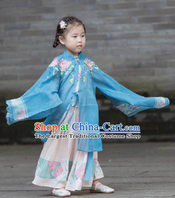 Chinese Traditional Girls Embroidered Peony Blue Cloak and Pink Skirt Ancient Ming Dynasty Princess Costume for Kids