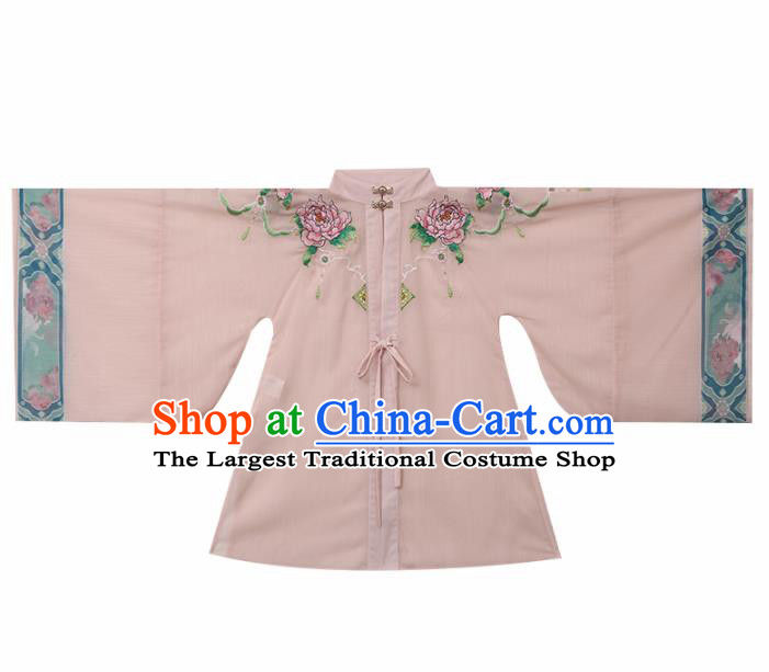 Chinese Traditional Girls Embroidered Peony Pink Cloak and Blue Skirt Ancient Ming Dynasty Princess Costume for Kids