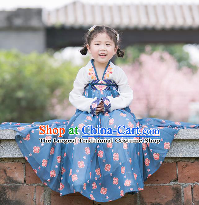 Chinese Traditional Girls Embroidered White Blouse and Blue Skirt Ancient Song Dynasty Princess Costume for Kids
