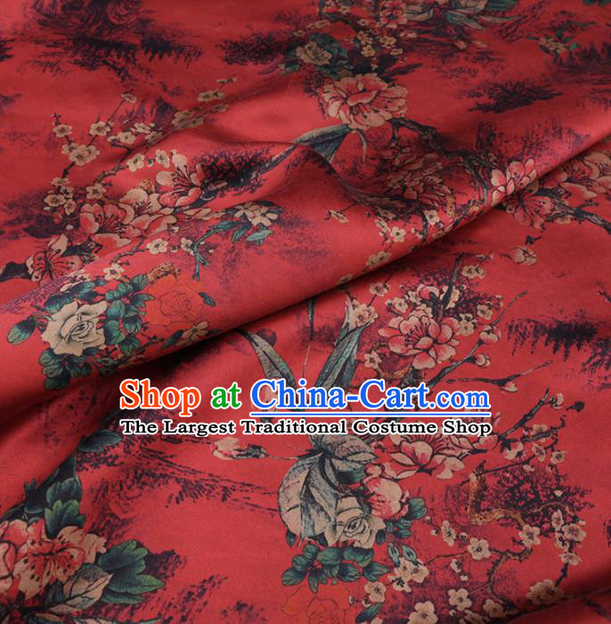 Chinese Classical Plum Blossom Pattern Design Red Gambiered Guangdong Gauze Fabric Asian Traditional Cheongsam Silk Material