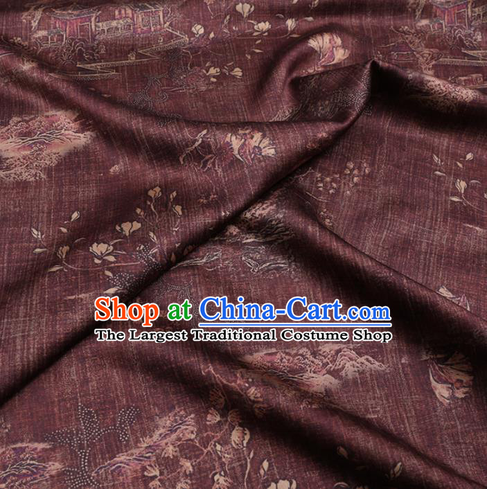 Chinese Classical Pavilions Pattern Design Purplish Red Gambiered Guangdong Gauze Fabric Asian Traditional Cheongsam Silk Material