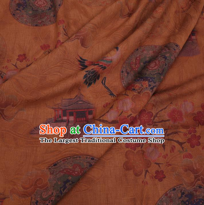 Chinese Classical Crane Plum Pattern Design Ginger Gambiered Guangdong Gauze Fabric Asian Traditional Cheongsam Silk Material