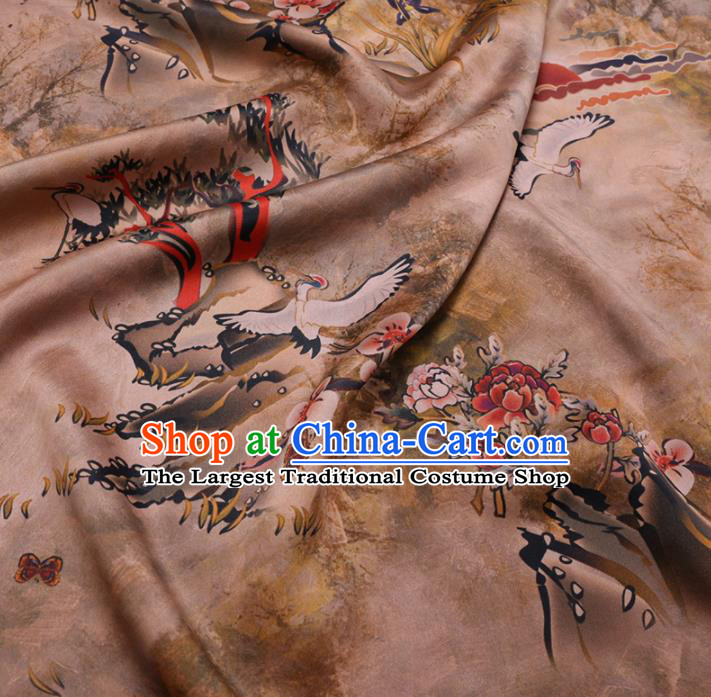 Chinese Classical Crane Plum Pattern Design Khaki Gambiered Guangdong Gauze Fabric Asian Traditional Cheongsam Silk Material