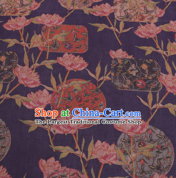 Chinese Classical Flowers Pattern Design Blue Gambiered Guangdong Gauze Fabric Asian Traditional Cheongsam Silk Material