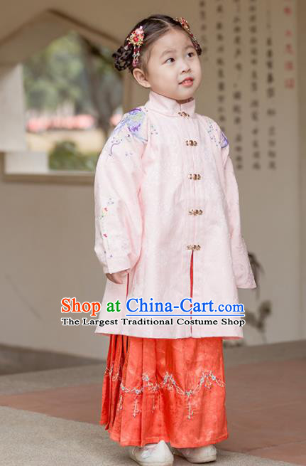 Chinese Traditional Girls Embroidered Pink Blouse and Red Skirt Ancient Ming Dynasty Princess Costume for Kids