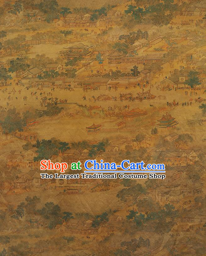 Chinese Classical Printing Forbidden City Pattern Design Ginger Gambiered Guangdong Gauze Fabric Asian Traditional Cheongsam Silk Material