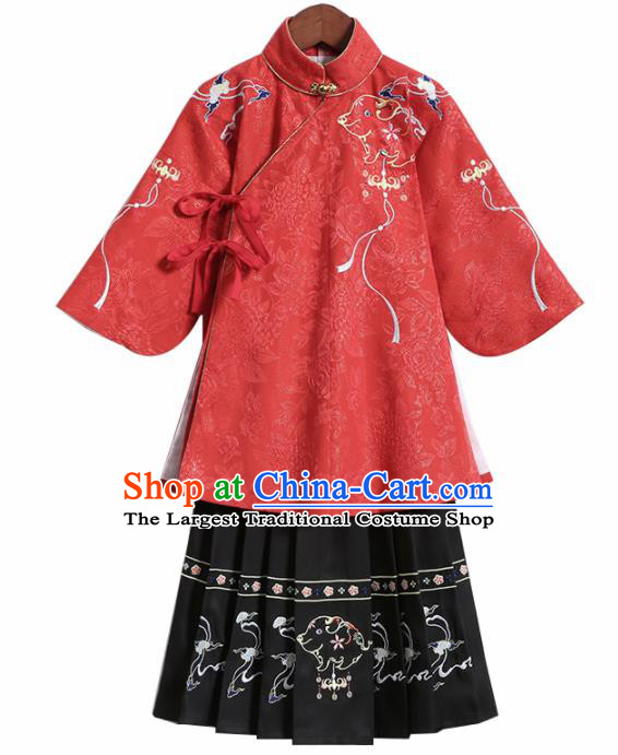 Chinese Traditional Girls Embroidered Red Blouse and Black Skirt Ancient Ming Dynasty Princess Costume for Kids