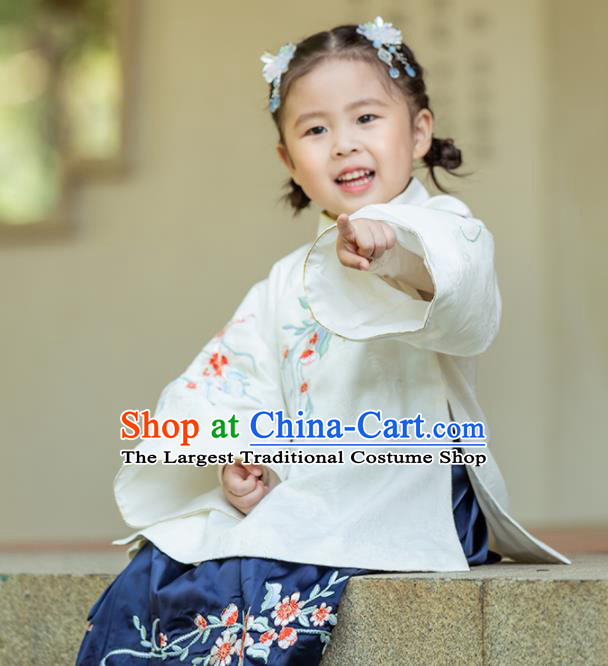 Chinese Traditional Girls Embroidered White Blouse and Navy Skirt Ancient Ming Dynasty Princess Costume for Kids