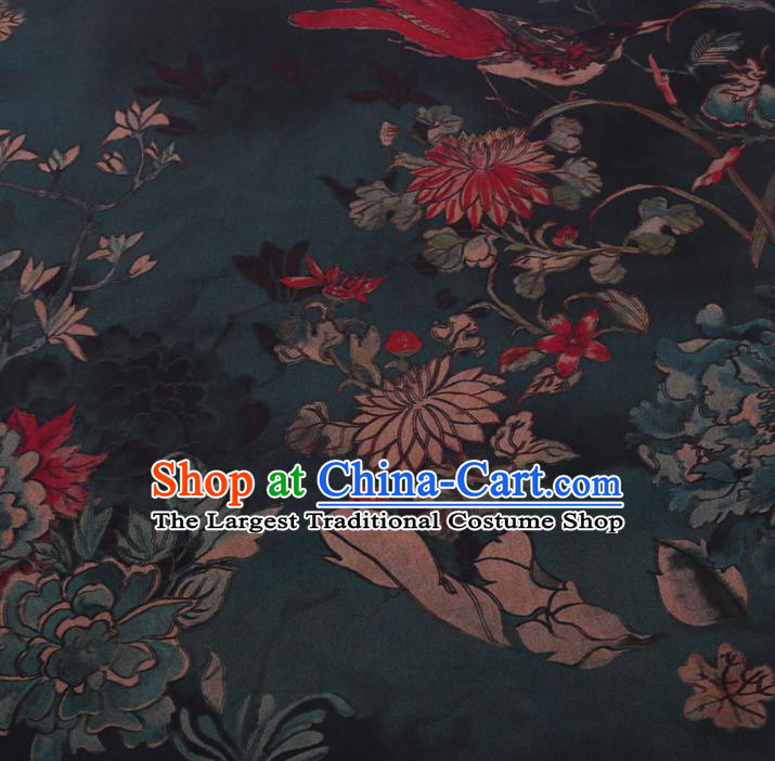 Chinese Classical Printing Chrysanthemum Peony Pattern Design Atrovirens Gambiered Guangdong Gauze Fabric Asian Traditional Cheongsam Silk Material