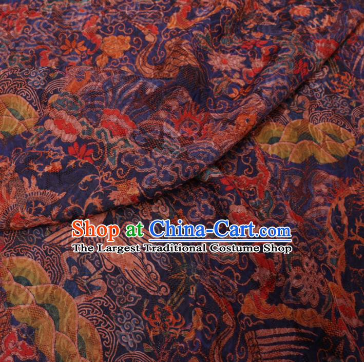 Chinese Classical Printing Cranes Pattern Design Deep Blue Gambiered Guangdong Gauze Fabric Asian Traditional Cheongsam Silk Material