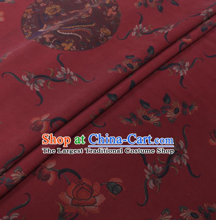 Chinese Classical Printing Phoenix Peony Pattern Design Purplish Red Gambiered Guangdong Gauze Fabric Asian Traditional Cheongsam Silk Material