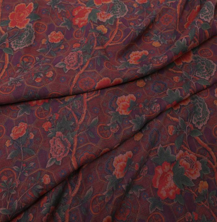 Chinese Classical Printing Peony Pattern Design Deep Purple Gambiered Guangdong Gauze Fabric Asian Traditional Cheongsam Silk Material