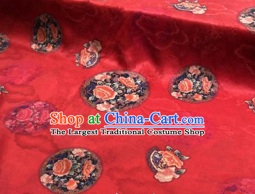 Asian Chinese Traditional Peony Pattern Design Red Gambiered Guangdong Gauze Fabric Silk Material