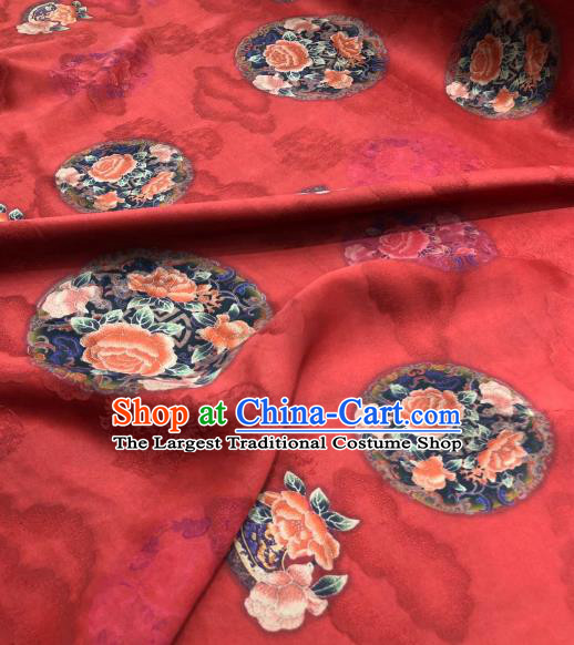 Asian Chinese Traditional Peony Pattern Design Red Gambiered Guangdong Gauze Fabric Silk Material