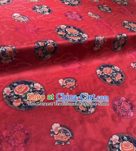 Asian Chinese Traditional Peony Pattern Design Red Gambiered Guangdong Gauze Fabric Silk Material