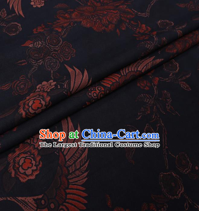 Chinese Classical Printing Crane Peony Pattern Design Black Gambiered Guangdong Gauze Fabric Asian Traditional Cheongsam Silk Material