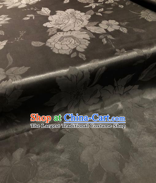 Asian Chinese Traditional Peony Pattern Design Black Gambiered Guangdong Gauze Fabric Silk Material