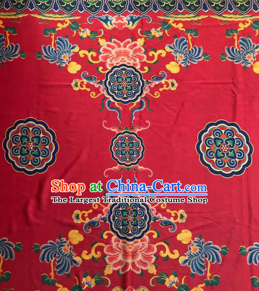 Asian Chinese Traditional Peony Chrysanthemum Pattern Design Red Gambiered Guangdong Gauze Fabric Silk Material