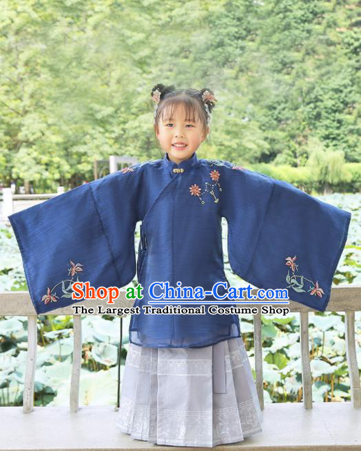 Chinese Traditional Girls Embroidered Navy Blouse and Skirt Ancient Ming Dynasty Princess Costume for Kids