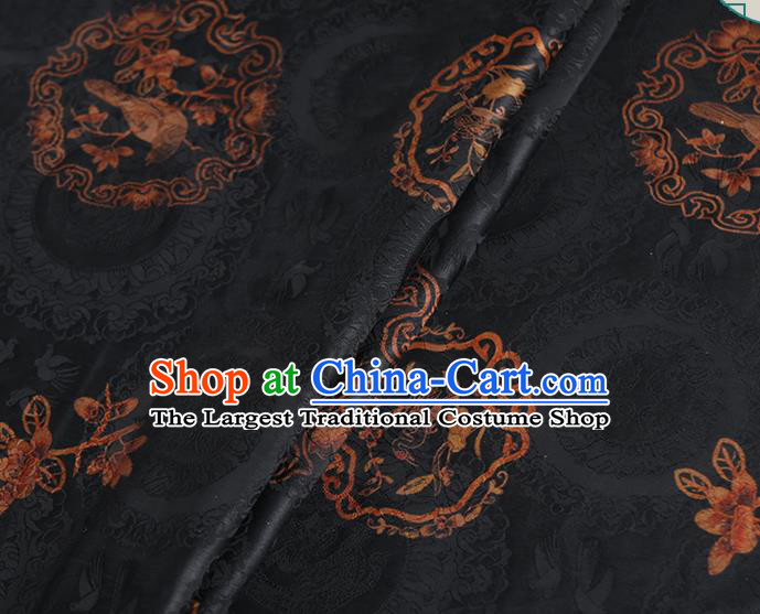 Chinese Classical Printing Birds Pattern Design Black Gambiered Guangdong Gauze Fabric Asian Traditional Cheongsam Silk Material