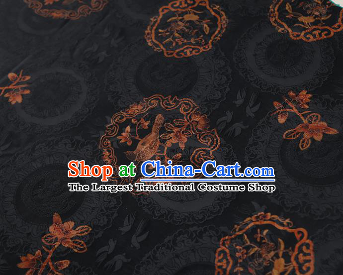 Chinese Classical Printing Birds Pattern Design Black Gambiered Guangdong Gauze Fabric Asian Traditional Cheongsam Silk Material