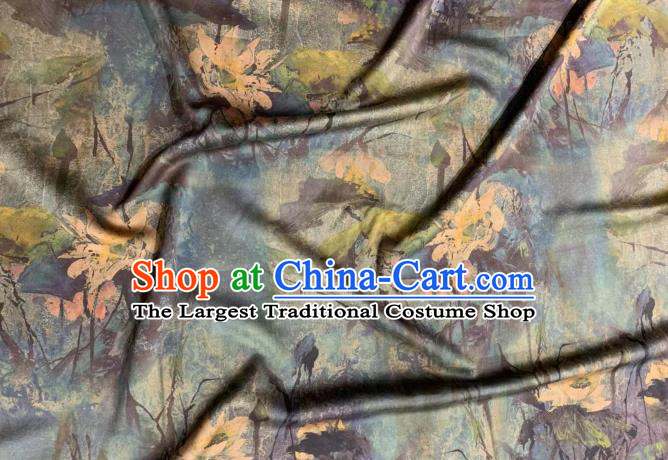 Asian Chinese Traditional Lotus Pattern Design Blue Gambiered Guangdong Gauze Fabric Silk Material