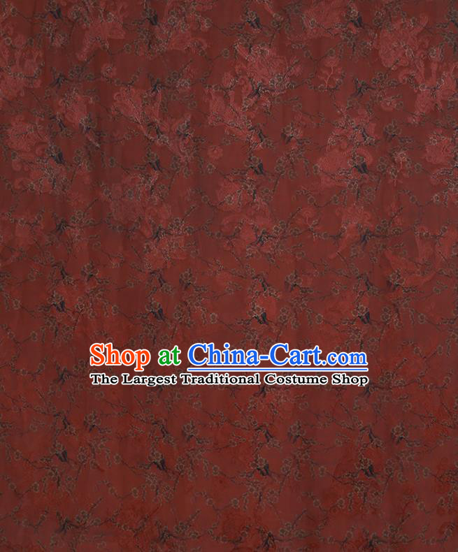 Chinese Classical Printing Plum Blossom Pattern Design Rust Red Gambiered Guangdong Gauze Fabric Asian Traditional Cheongsam Silk Material