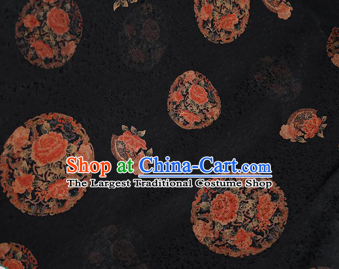 Chinese Classical Printing Round Peony Pattern Design Black Gambiered Guangdong Gauze Fabric Asian Traditional Cheongsam Silk Material