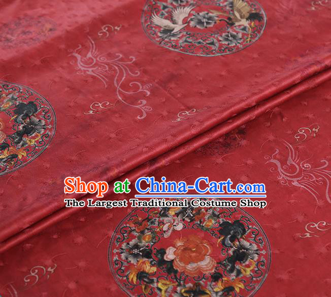 Chinese Classical Printing Crane Peony Pattern Design Red Gambiered Guangdong Gauze Fabric Asian Traditional Cheongsam Silk Material