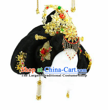 Chinese Ancient Princess Golden Hair Crown and Wigs Hair Accessories Drama Imperial Concubine Chignon for Women