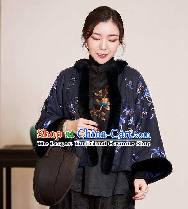 Top Grade Traditional Chinese Embroidered Black Cotton Wadded Jacket Silk Qipao Upper Outer Garment for Women