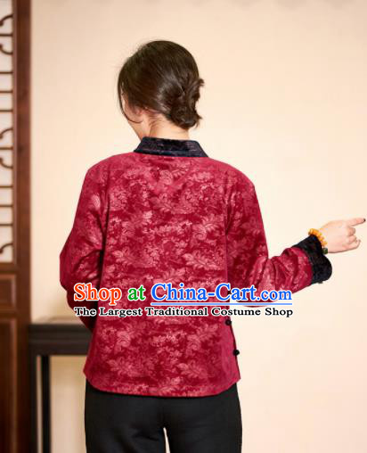 Top Grade Traditional Chinese Embroidered Wine Red Blouse Tang Suit Silk Upper Outer Garment for Women