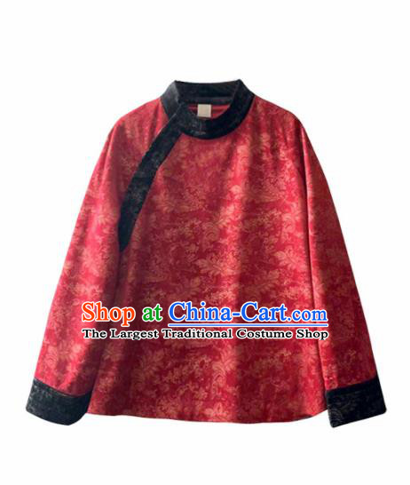 Top Grade Traditional Chinese Embroidered Wine Red Blouse Tang Suit Silk Upper Outer Garment for Women