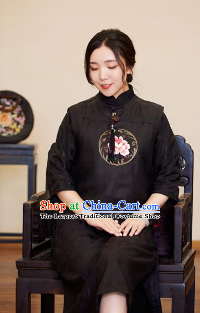 Top Grade Traditional Chinese Embroidered Black Vest Tang Suit Upper Outer Garment for Women
