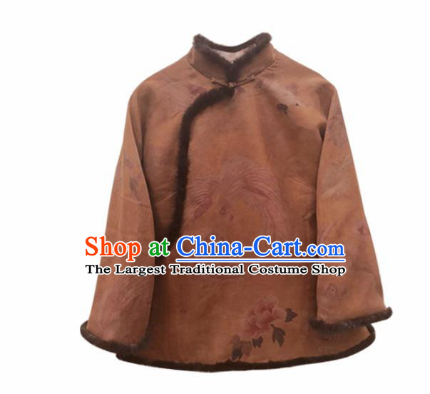 Top Grade Traditional Chinese Ginger Cotton Wadded Jacket Tang Suit Silk Upper Outer Garment for Women